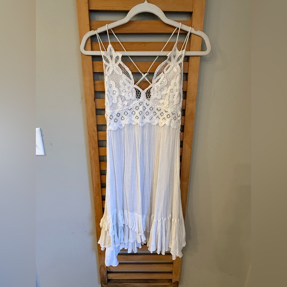Free People Adella Lace V-Neck Sleeveless Mini Slip Dress Small White Boho